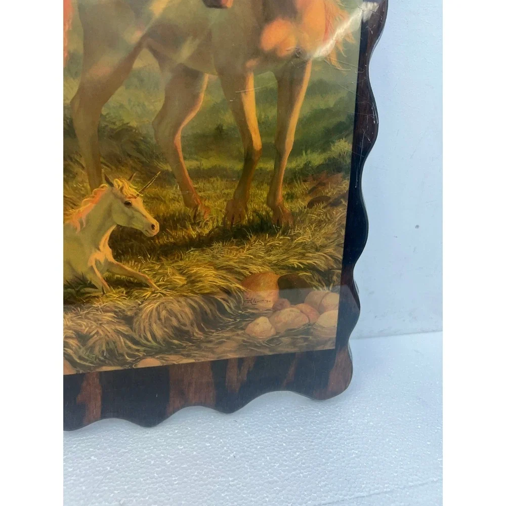 Vintage Wood Lacquer Unicorn Wall Plaque Art Mother & Child Scalloped Wood Sign